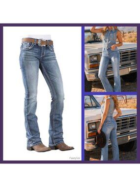 Women's Mid Rise Bootcut Stretch Denim Jeans Straight Leg Western